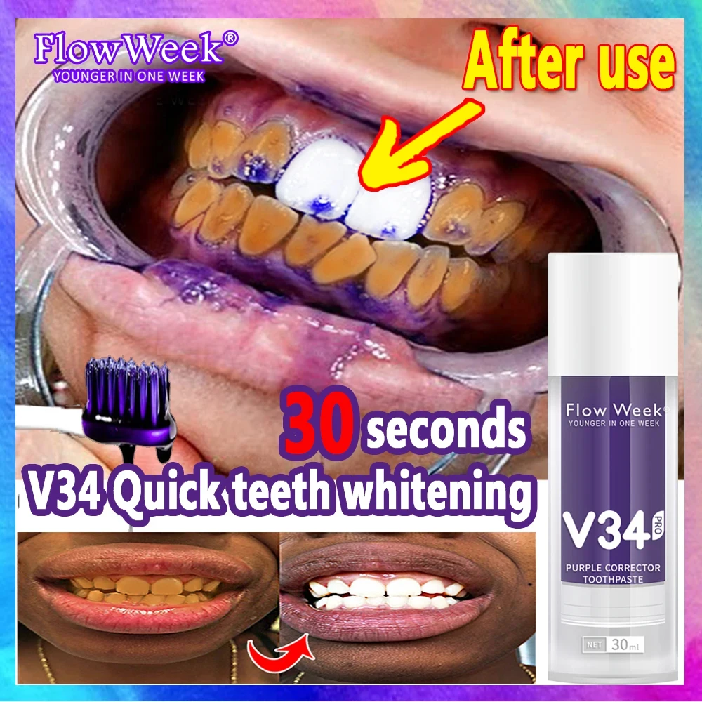 FlowWeek V34 Purple Toothpaste 30Ml Colour Corrector Teeth For Teeth Whitening Brightening Reduce Yellowing Cleaning Tooth