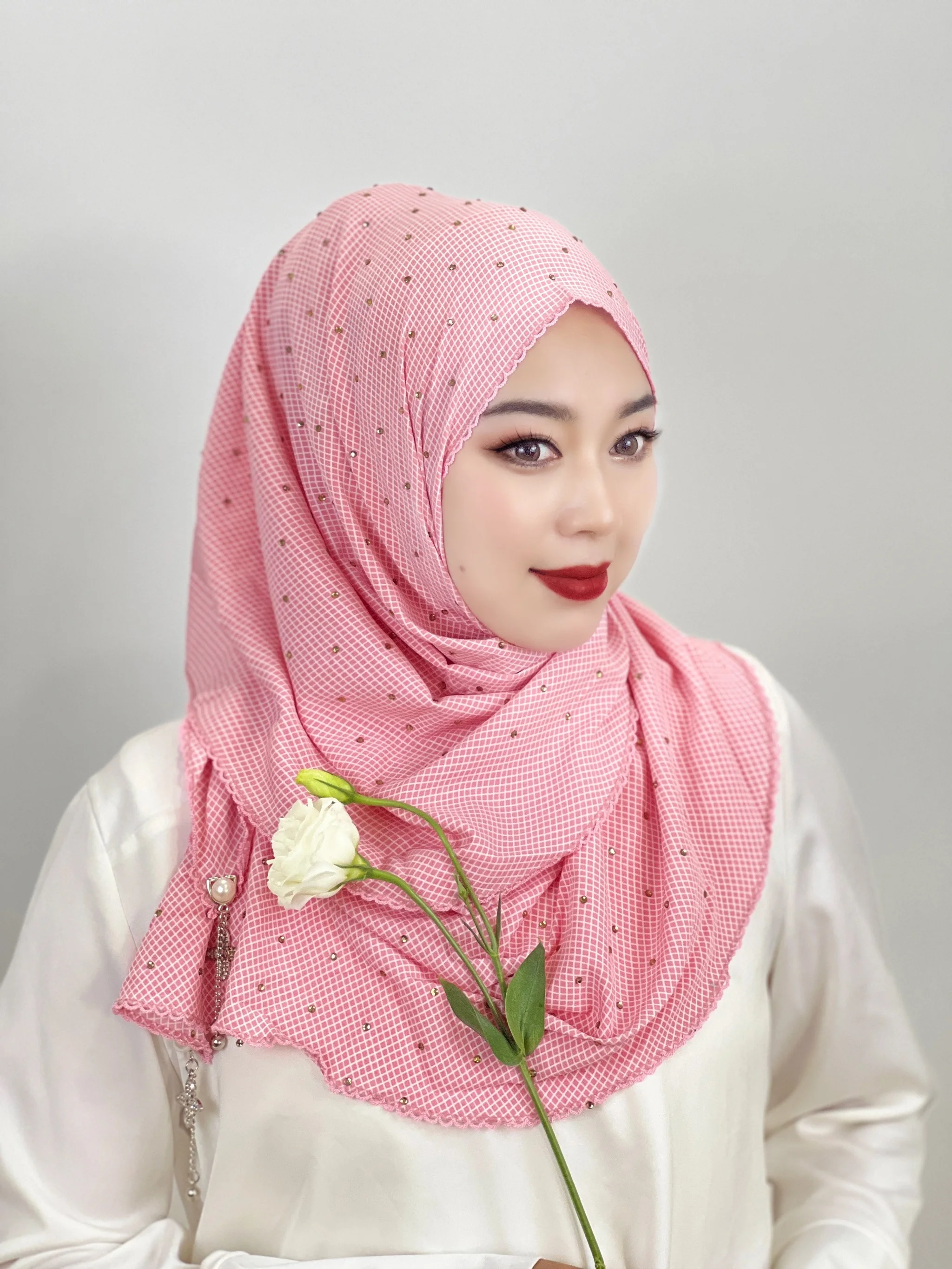 Muslim Plaid Hijab Iwith Diamonds slamic Hats Hijab Hoods Hair Loss Head Scarf Wrap Women Hijab Headband Hijab Instant Shawl