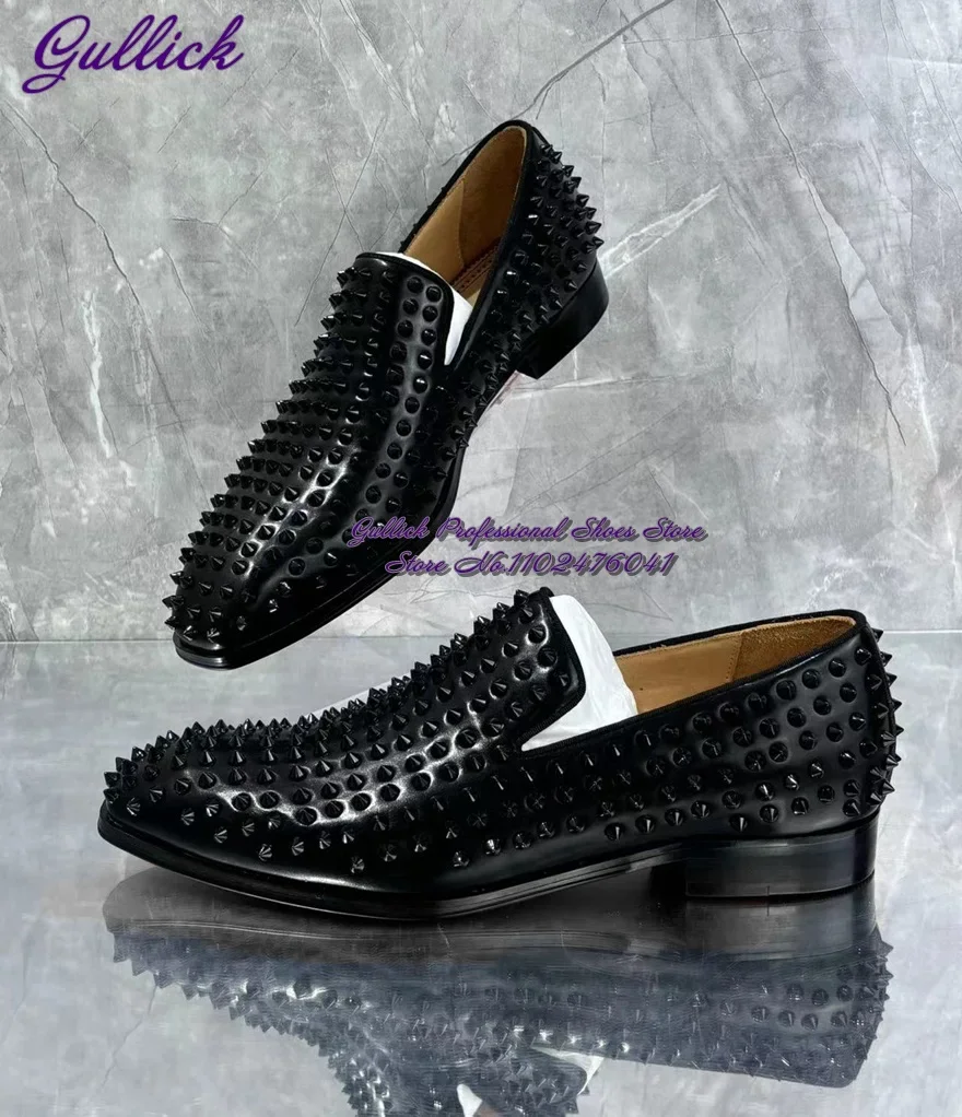 

ALMUDENA Men's Black Matte Leather Full Rivets Business Shoes Slip-on Spikes Office Meeting Shoes Formal Footwear Size48