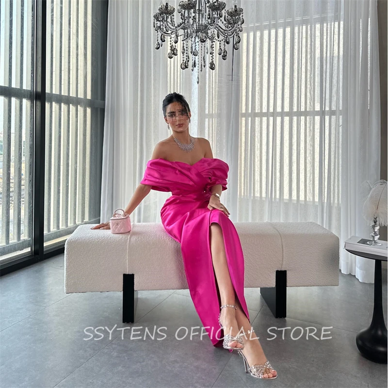 Fuschia gaun acara Formal merah muda gaun pesta Prom Satin bahu terbuka gaun malam Dubai panjang sepergelangan kaki wanita gaun malam Vestido putri duyung