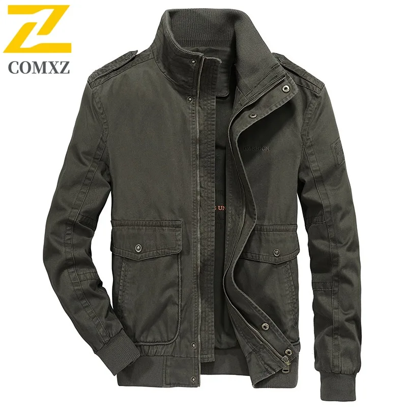

COMXZ 2025 Men Washed Jacket Multi Pocket Cotton Middle Aged Stand Collar Workwear Business Spring Autumn Fashion windbreaker