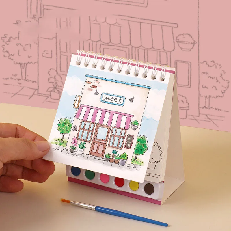 

Creative coil vertical watercolor painting DIY watercolor graffiti book with built-in paint coloring picture book