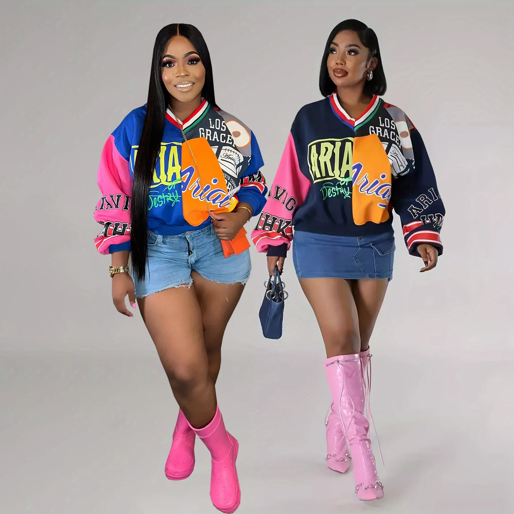 

Модный женский свитер с V-образным вырезом, свободного кроя, с контрастными вставками и буквенным принтом, тренд 2026 года, ретро, весна