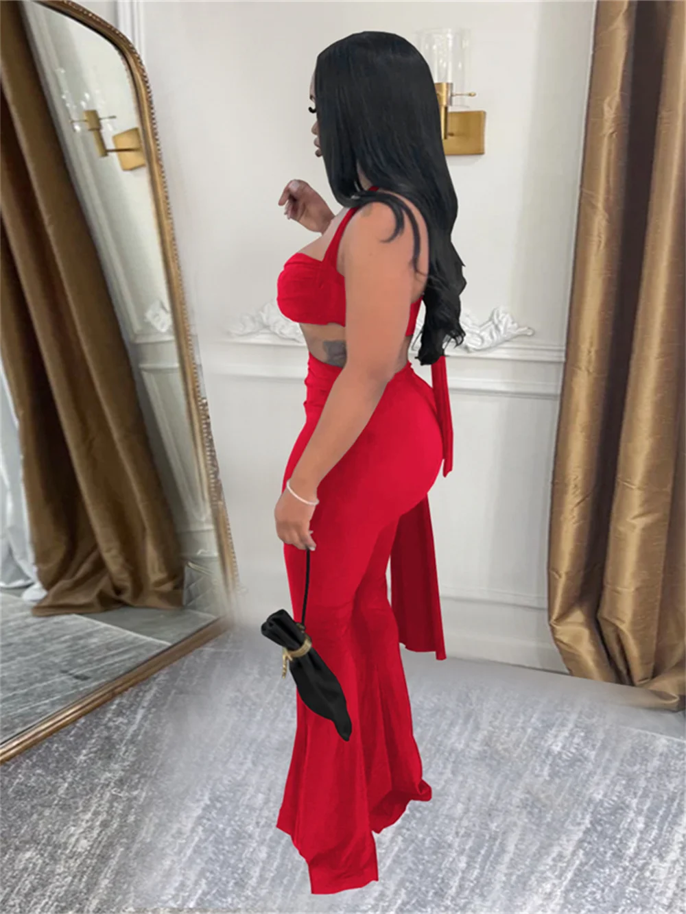 

Nibber Sexy Ruched 2 Piece Set Women Halter Backless Bra+Metal Casp Ribbon Flared Pants Matching Party Club High Stretch Outfits