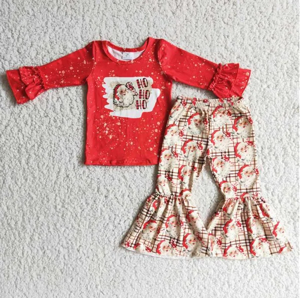 

Wholesale Christmas Kids Girls Boutique Set Christmas Red Long Sleeve HOHOHO Santa Bell Bottoms Set