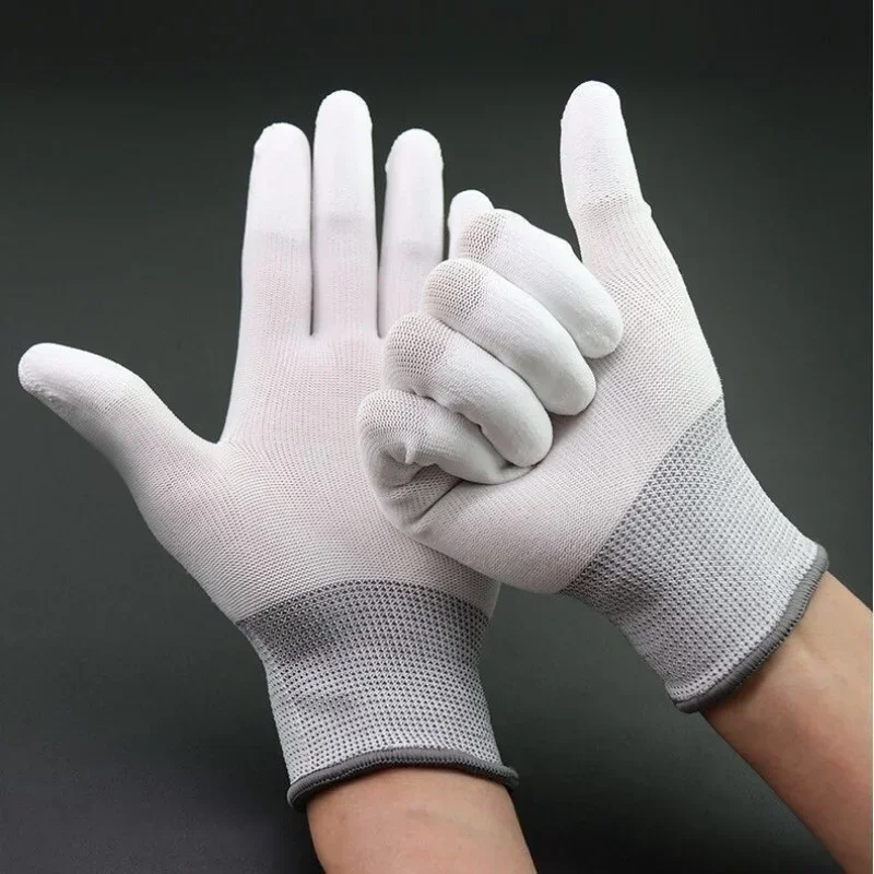 12Pairs/Dozen Nylon PU Finger Coated Gloves White  Glove Anti-static Gloves Clean Knitted Gloves