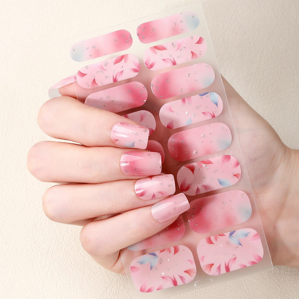 16種類のDIYベーキング不要ネイルステッカー、光沢のある花と葉の粘着ネイルストリップ、パッチスライダー、フルカバーネイルデコレーションデカール