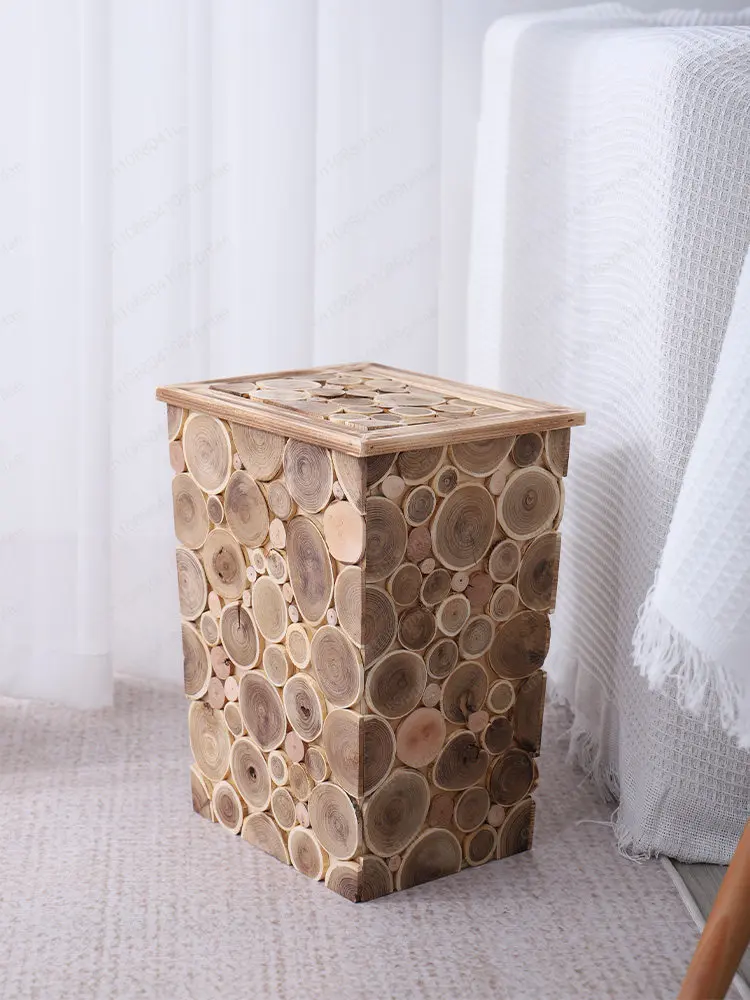 Nordic Wooden Trash Can, Large Living Room with Cover, Bed and Breakfast Hotel Decorative Trash Basket