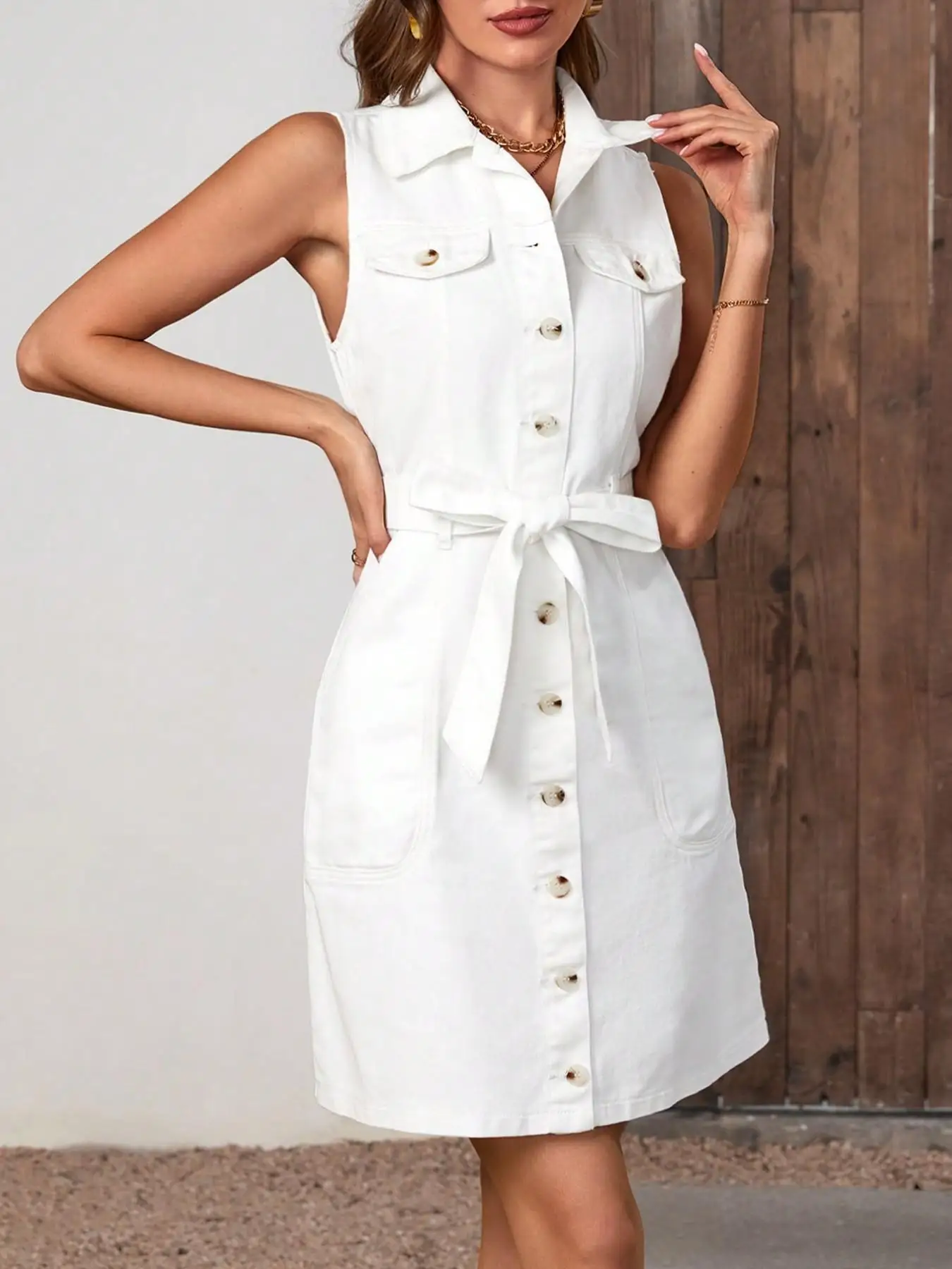 Summer Dress! Sleeveless Waist Cinched Denim Dress, Cool and Elegant, Ruched Tie Front Design, Plain Pattern, Short Length