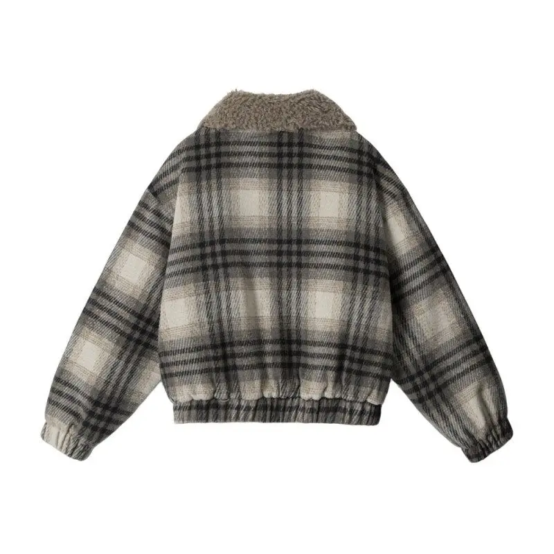 เสื้อโค้ทผ้าฝ้ายสำหรับผู้หญิง HeyHenry Thiened Lamb แต่งปกขนแกะ  บุซับในอุ่น  แบบมีซิป  ลายสก็อต