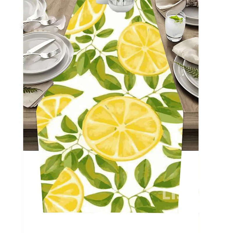 Yellow Lemon Pattern Linen Table Runner Table Decor Washable Dining Table Runners Holiday Party Decorations