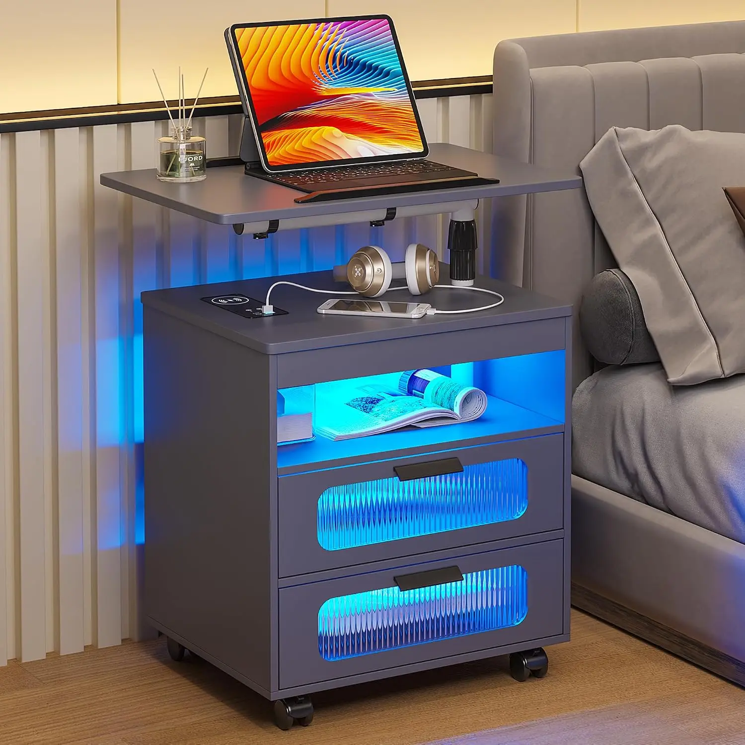 LED Nightstand with Wireless Charging & Rotary Desk, 2-Drawer Bedside Table with Sensor Light & Wheels, Customized