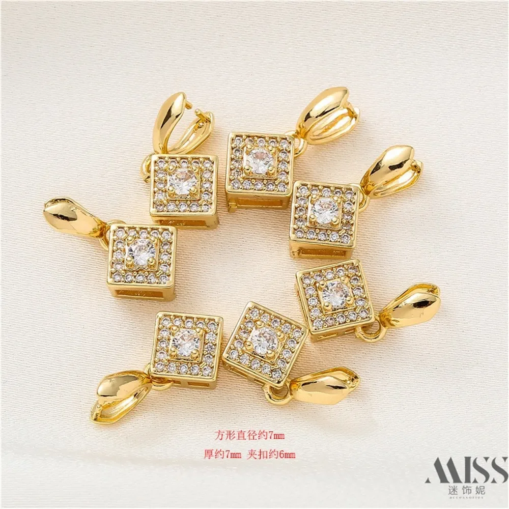 14K Gold-plated Zircon Square Pendant Clip DIY Accessory, Handmade Bead Clip Pendant Necklace, Headwear Material