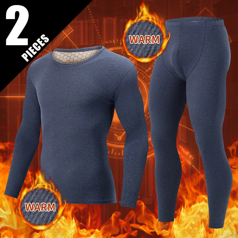 2-piece Autumn/Winter Men's Warm Underwear Set Solid Color Fashion Patch Temperature Controlled Round Neck Top Comfortable Pants