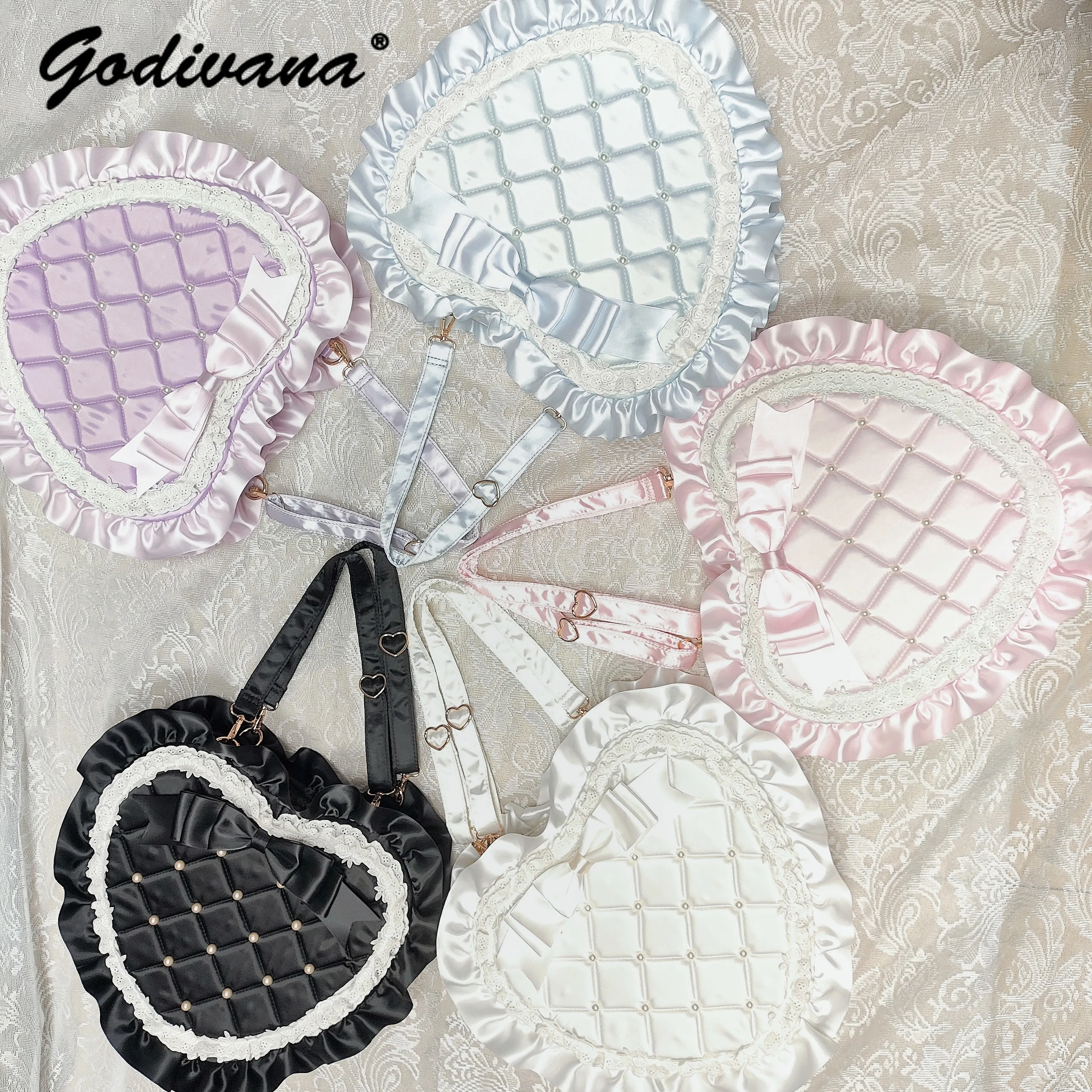 Large Capacity Heart Shape 2-in-1 Handbag Backpack Satin Bow Sweet Lolita Women Shoulder Bag Kawaii Daily Travel Daypack