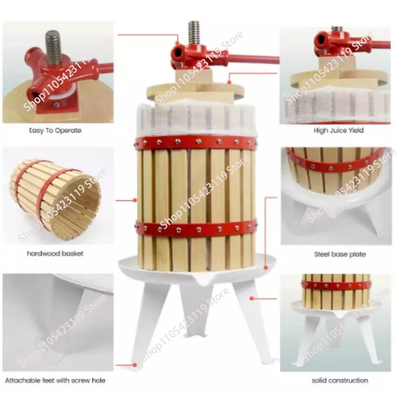 6 Liter 1.6 Gallon Manual Basket Apple Press, Fruit Wine Grape Press