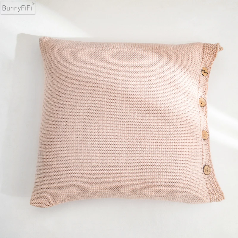 Soft Cotton Knit Cushion Cover Vintage Ivory Grey Pink Green Solid Pillow Case 45cm*45cm Button Open Home Decoration Nordic