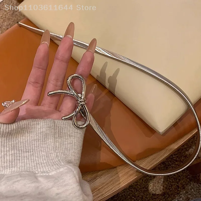 Ins المعادن القوس عقدة حزام قوة مرنة قابل للتعديل النساء Y2k خمر حزام تنورة السراويل اكسسوارات الصيف فتاة سلسلة الخصر المعدنية #4