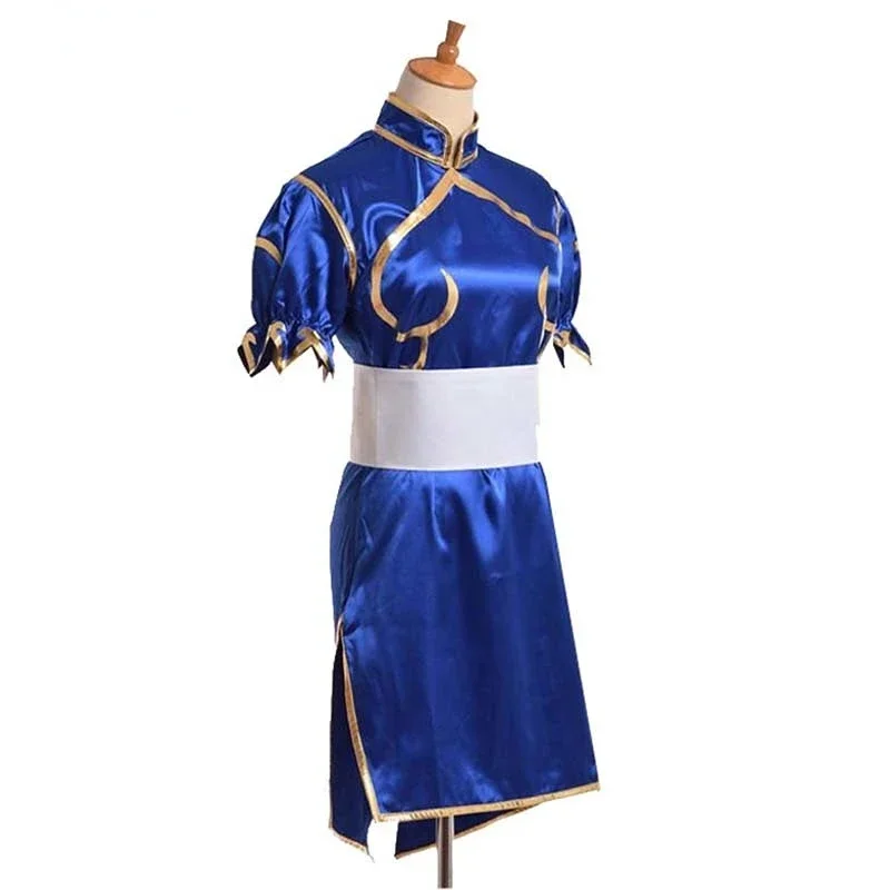 Spiele Chun Li Cosplay Kostüme Sutorito Faita blau Cheong sam Kleid Gürtel Kopf bedeckung mit Frauen Mädchen Kleidung Halloween Party