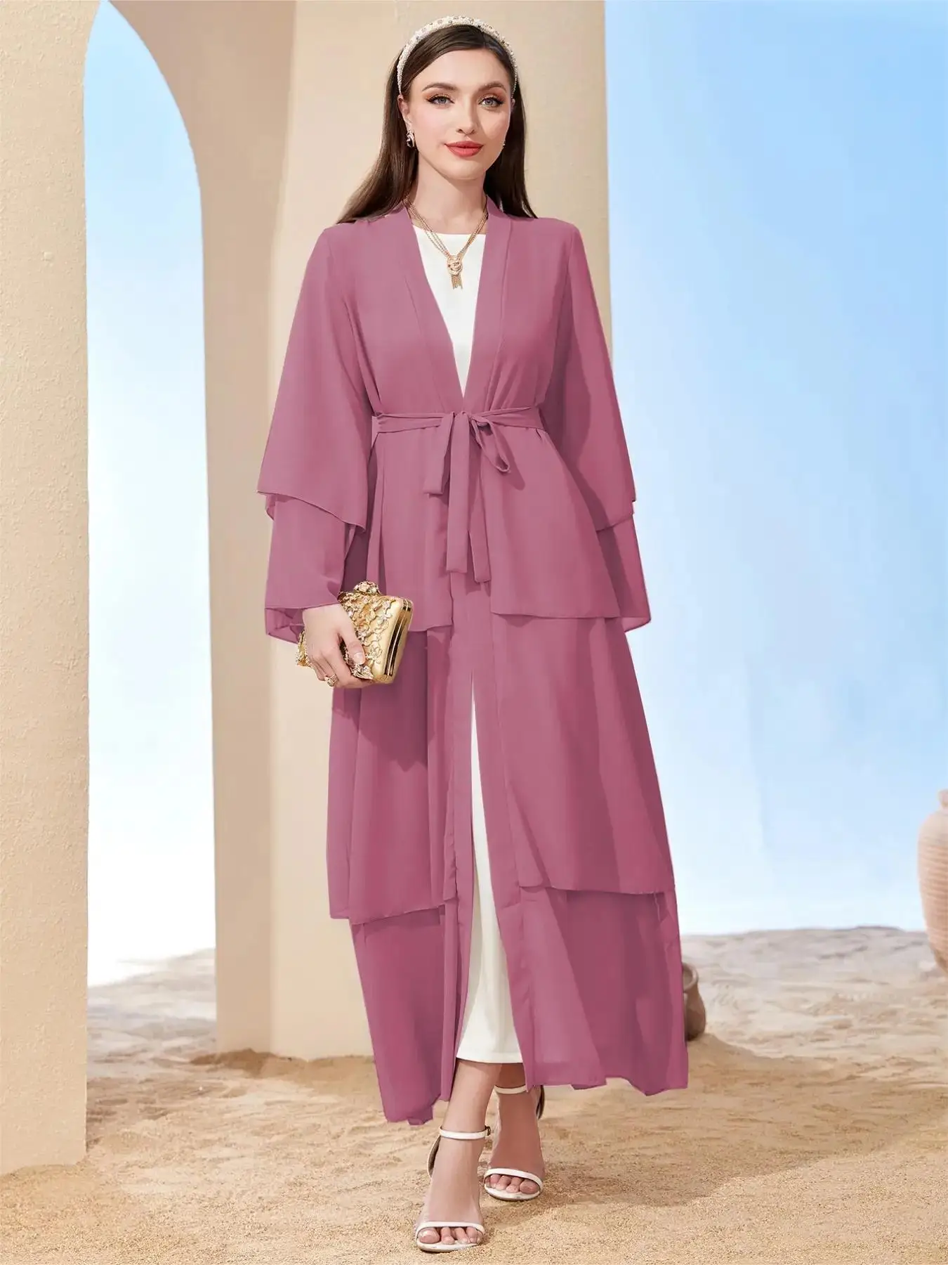 Ramadan kebaya Layered Open Front Abaya, Long Sleeve Dress With Belted , Without Hijab, Women\'s Clothing