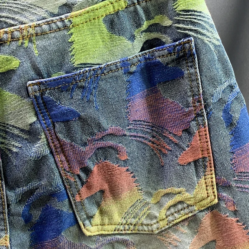 2025 Summer New Trendy Brand Multi Color Jacquard Printed Design Five Part Pants for Men, Loose Straight Denim Shorts