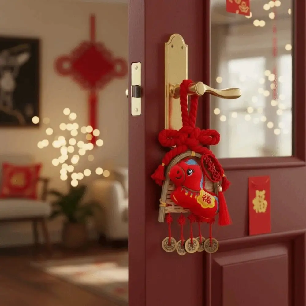 Exquisite Broom Dustpan Pendant Copper Coin Bamboo Door Handle Pendants Multi Purpose Portable Spring Festival Decoration Gifts