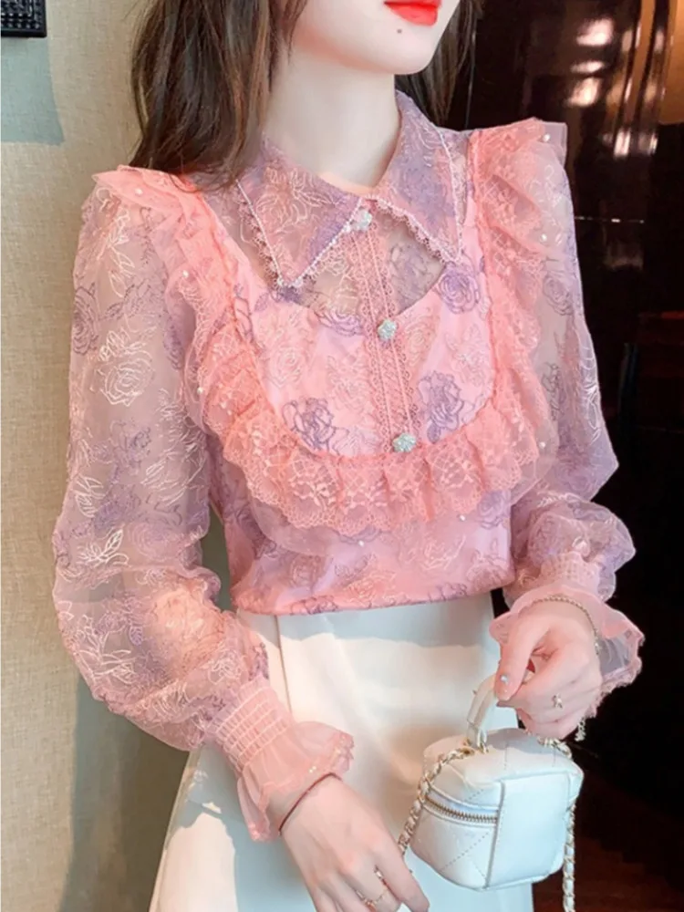 #3256 Spring Summer Lace Blouse Femme Polo Collar Vintage Split Joint Ruffles Mesh Perspective Women Shirts Slim Thin Embroidery