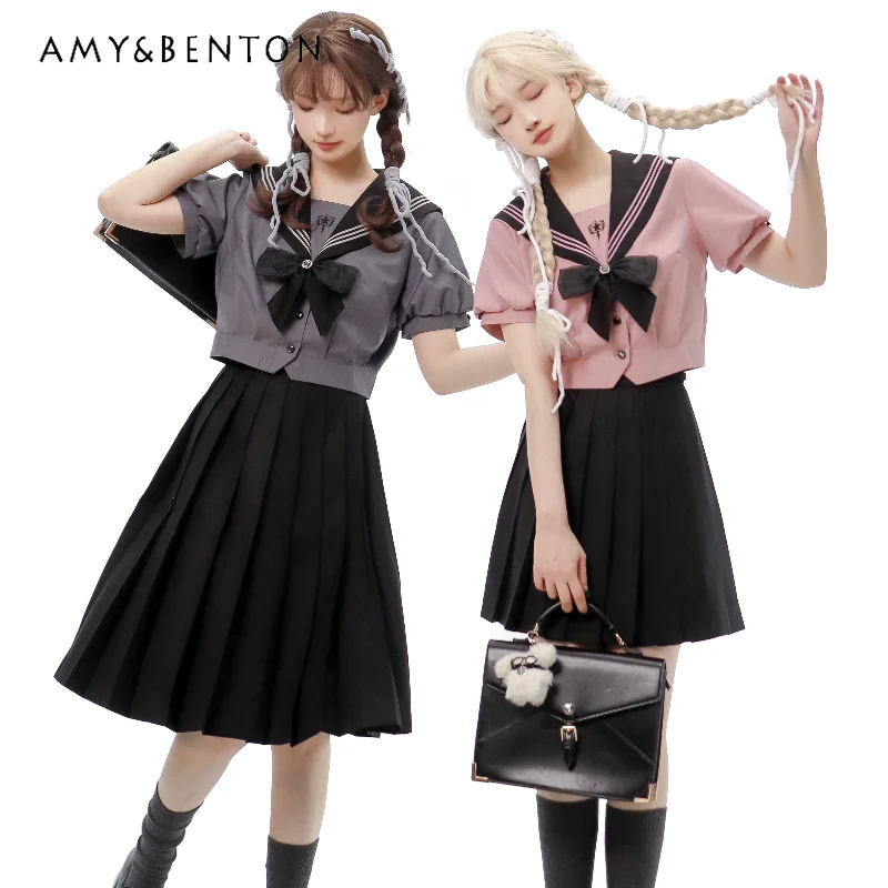 

2024 New Japanese Style JK Uniform Sailor Collar Summer Black Pink Short Puff Sleeve Top Pleated Skirt All Match Suit For Girls