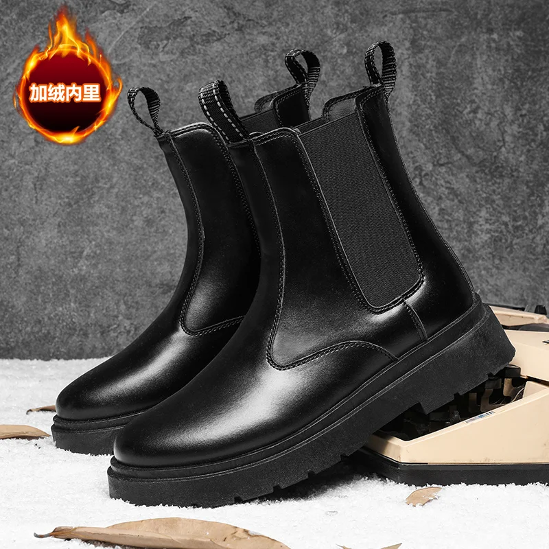 Botas Chelsea de piel para hombre, zapatos cálidos de felpa, botines cortos sin cordones, zapatillas informales cómodas para exteriores, Invierno