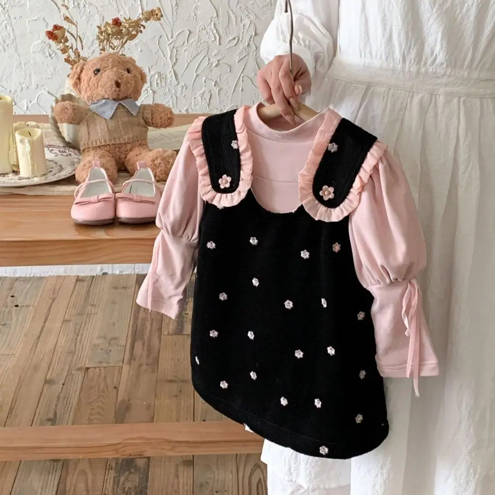 2024 Winter Girls Set Korean Flower Embroidered Woolen Sundress Children Fleece Puffed Sleeve Base Shirt Two-piece Set