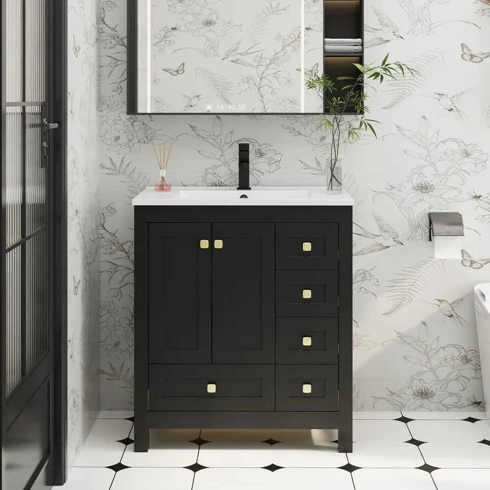 30 Matte Black Wood Bathroom Vanity with Undermount Sink and Faucet