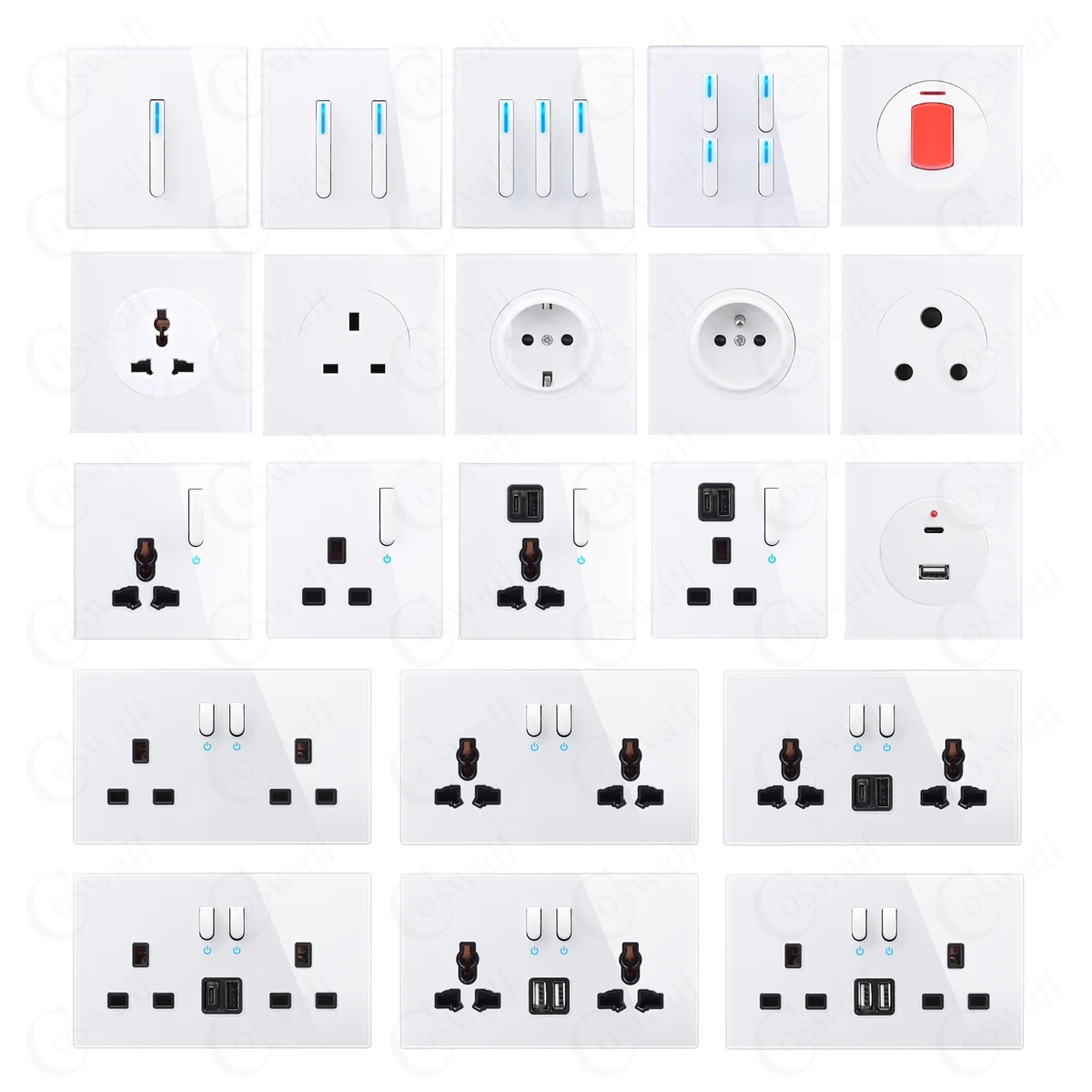 COSWALL 1/2/3/4 Gang 1/2 Way Piano Key Design On / Off Wall Light Switch Backlight Data CAT6 HDMI USB Charging Glass Panel White