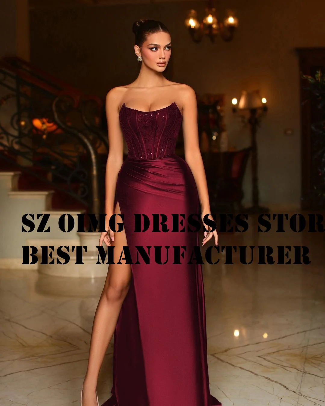 

OIMGS Strapless Prom Dresse Sleeveless Mermaid Satin High Split Sweep Train Satin Women Evening Gowns Formal Party Dress