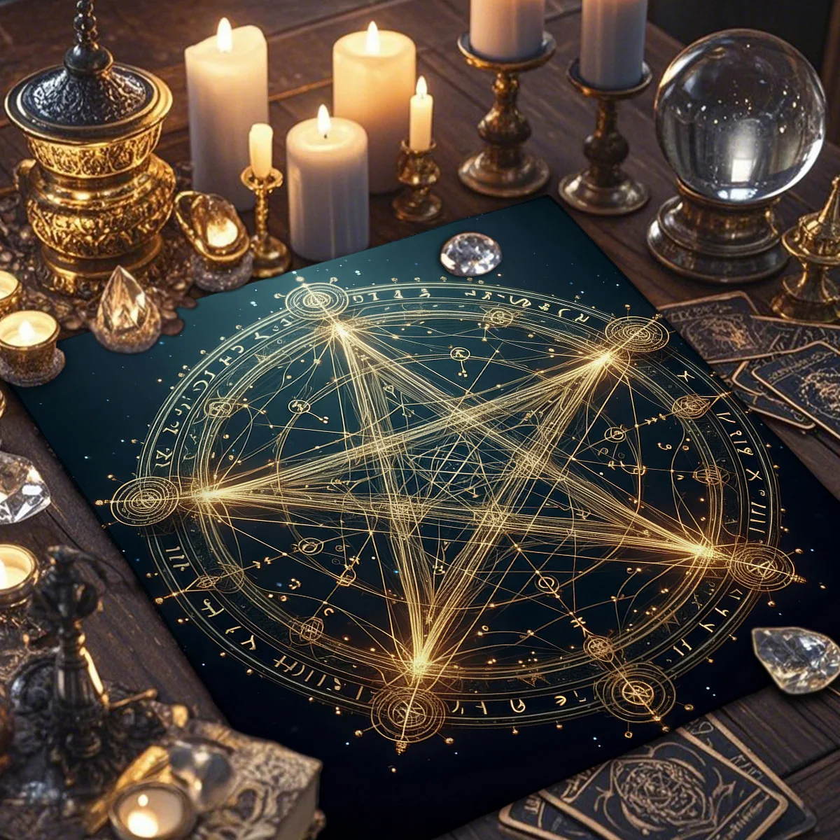 Mystical Pentagram Geometric Tarot Tablecloth Altar Cloth Golden Occult Divination Cloth Pagan Astrology Altar Decor Table Cloth