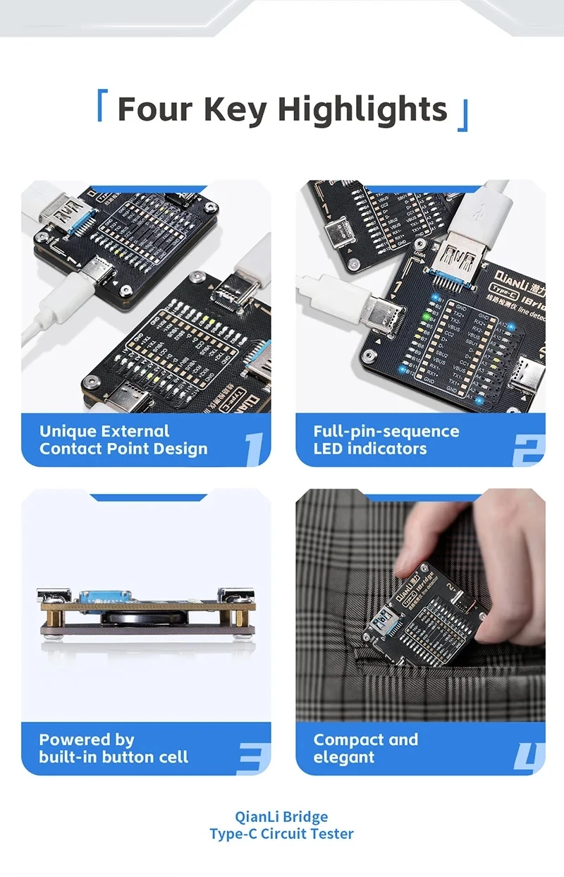 QianLi iBridge Type-C Circuit Tester Full-pin-sequence LED Indicators for Mobile Phone Repair Charge Error Testing Tool