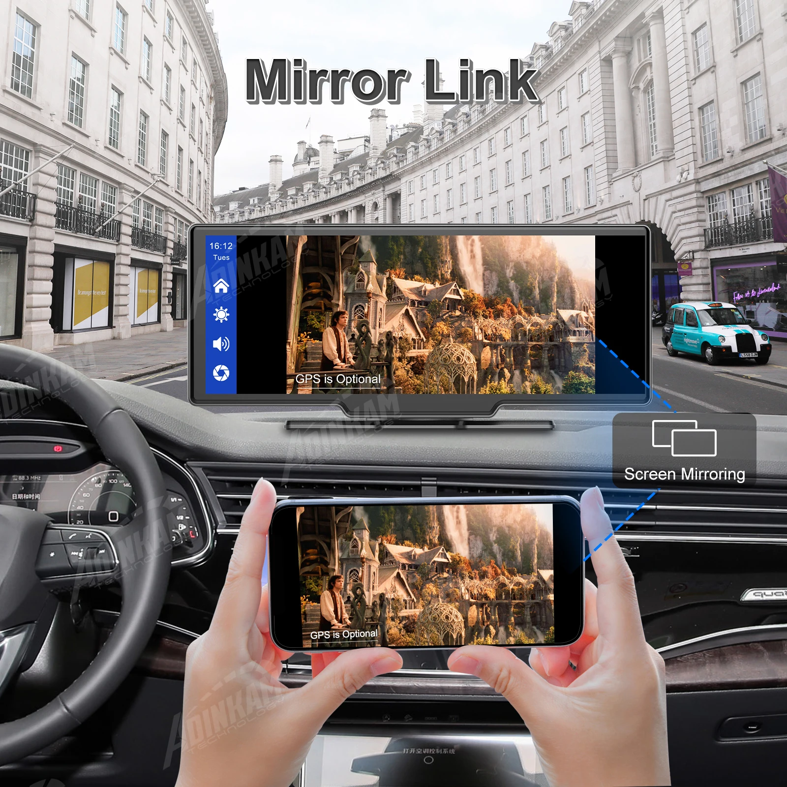 Universal 10.26 Inch Carplay & Android Auto Mirror Link Dual Cameras Portable Dashcam 2 Channel Stereo AUX Wifi Car Black Box