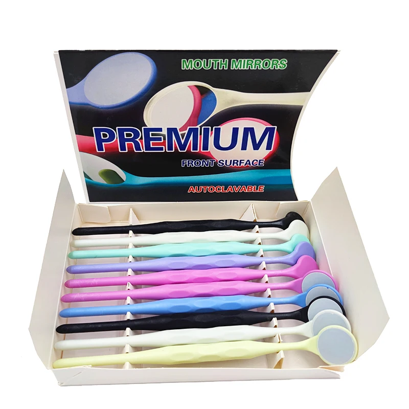 10Pcs/Box Dental Double Sided Mouth Mirror with Colorful Handle in Random Colors, Anti-fog Surface Exam Reflectors Autoclavable