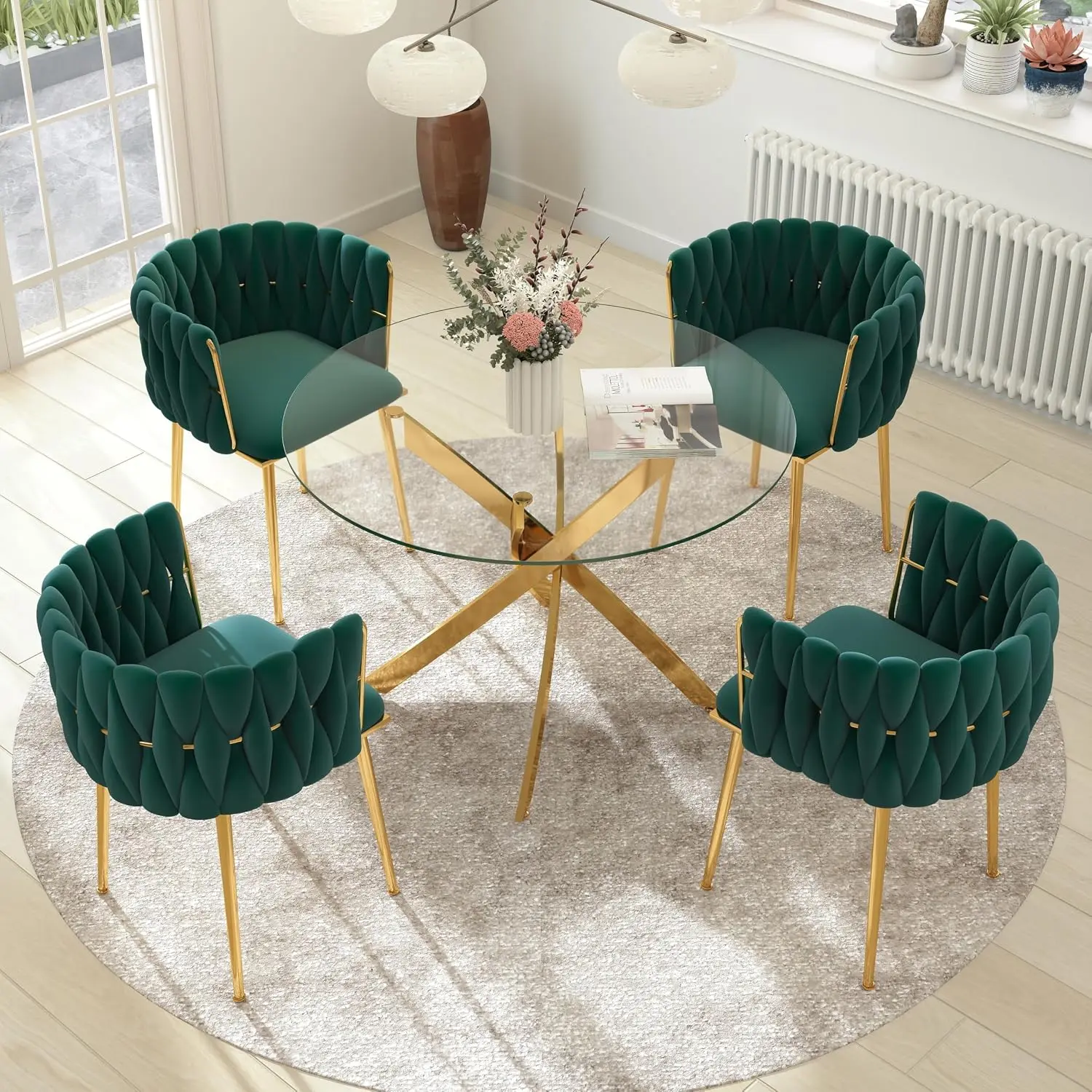 Glass Dining Table Set 5 Pieces, 36'' Round Table & 4 Green Woven Chairs, Minimalist Small Apartment, Gold, Customized