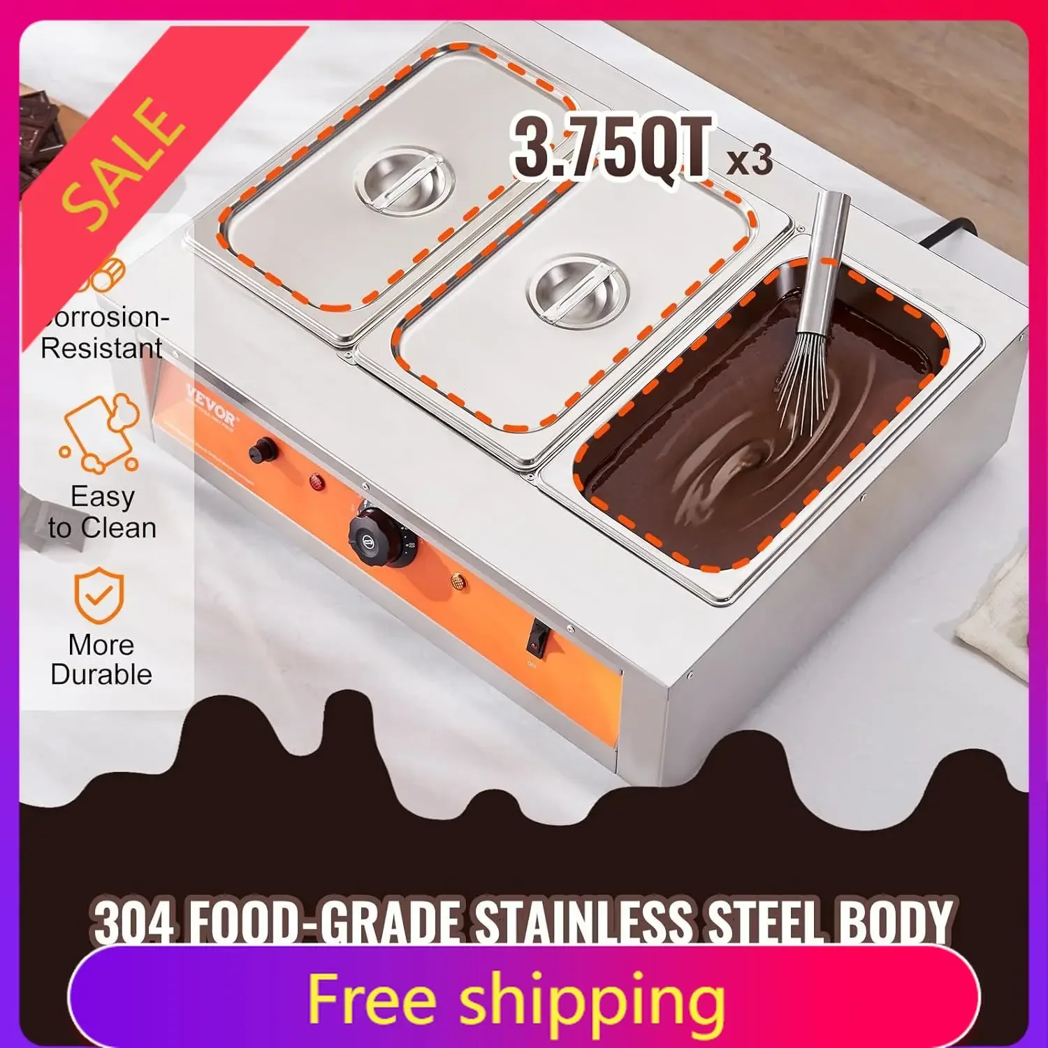 Chocolate Tempering Machine, 26.5 Lbs 3 Tanks Chocolate Melting Pot Temp Control 86~185℉, 1500W Stainless Steel Electric Commerc