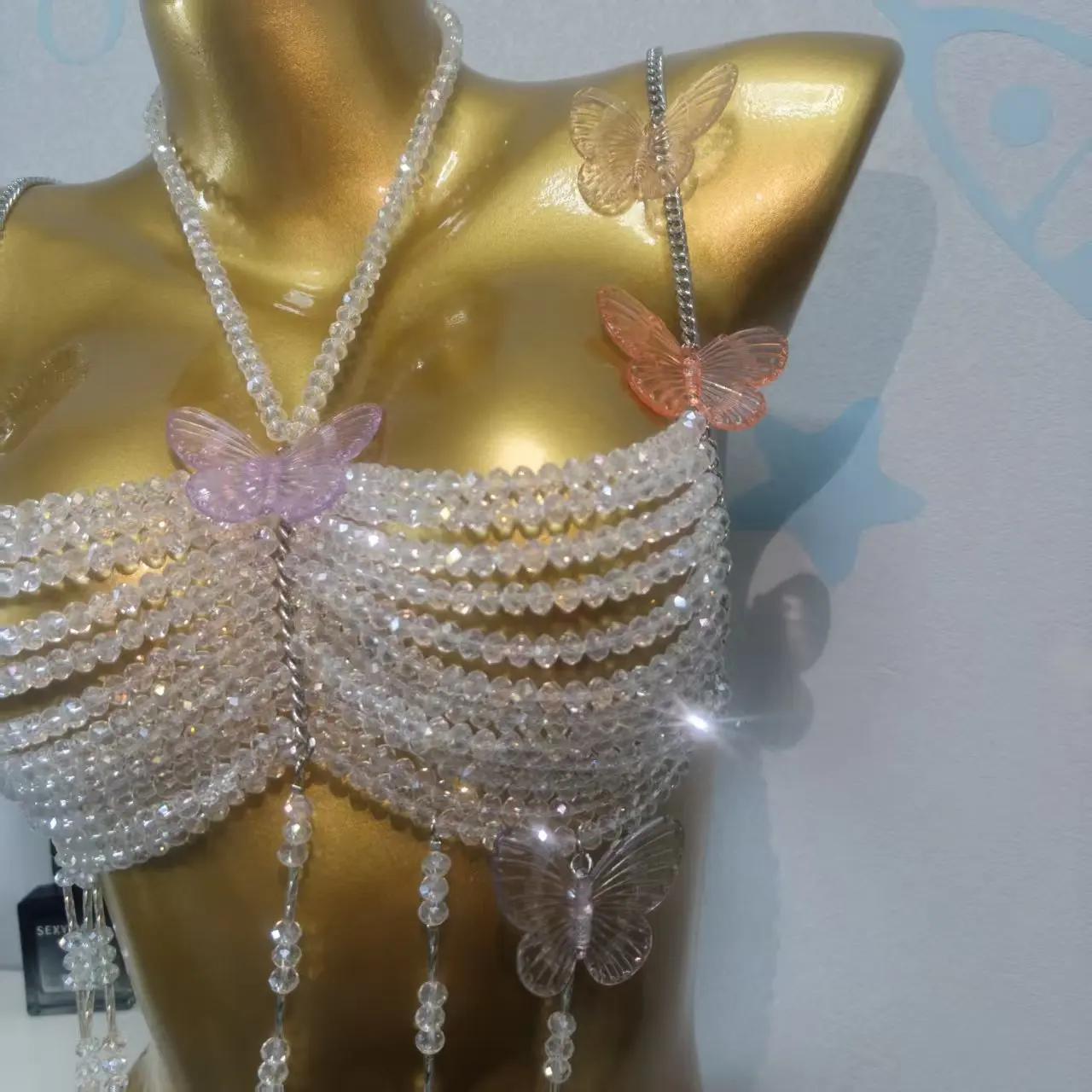 Modisches handgefertigtes Perlen-Schmetterlings-Brustketten-Tanktop für Damen – sexy Körperkette für Sommer, Strand, Musikfestival und Party