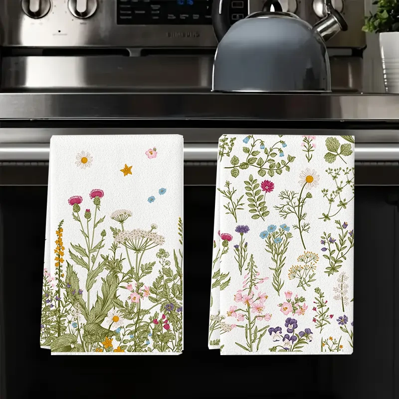 2Pcs, Wildflower Kitchen Towels, 40Cm*60Cm Towel Set, Best Kitchen Towels, Fun Kitchen Towels, Super Absorbent Soft Cleaning Cloth, Cooking and Baking Tea Towels, Hand Towels, Cleaning Cloths, Dishcloths, Kitchen Decor, Living Room Decorations, Kitchen Essentials, Home Essentials