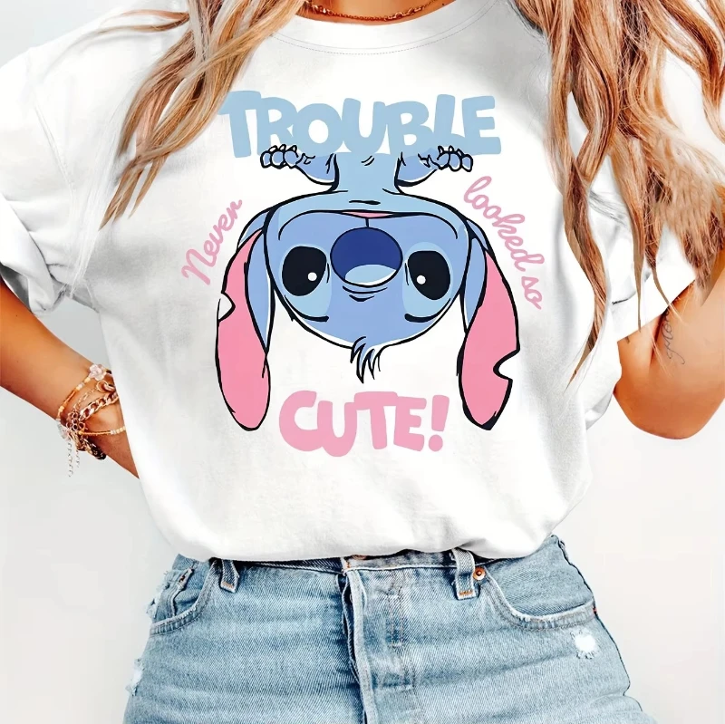 

Disney Summer New Stitch Cute Inverted Printed T-shirt Sweet Cute Women Men Cartoon T-shirt Y2K Loose Casual Short Sleeved Top