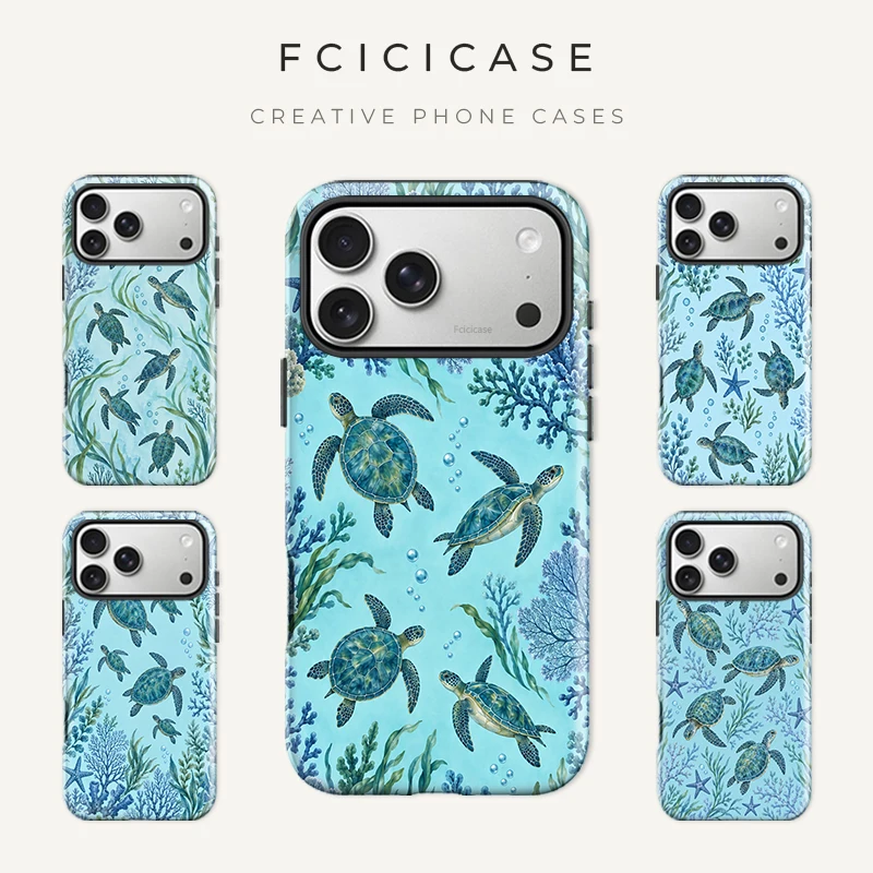 Fcicicase Cartoon Sea Turtle Pattern Case For Iphone 18 17 16 Pro Max 15 14 13 12 Plus 11 For Magsafe 2 in 1 PC +TPU Cases Coque