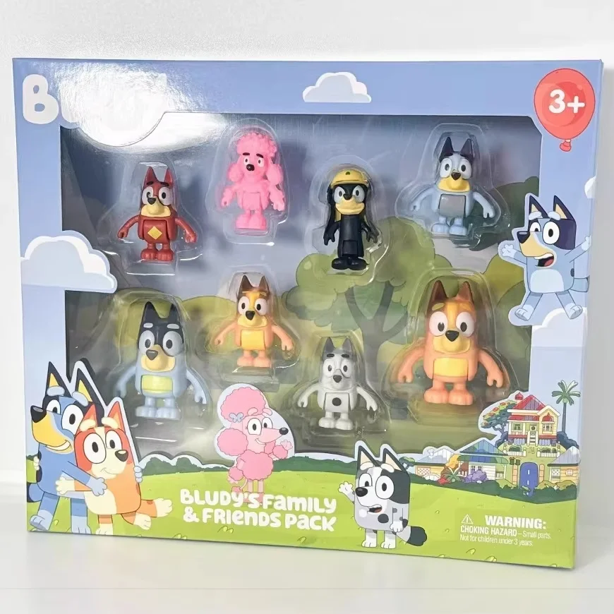 Figuras de acción de la familia y amigos de Bluey, paquete de 8, juguetes coleccionables articulados, muñecas de juego de simulación, regalo de cumpleaños para niños