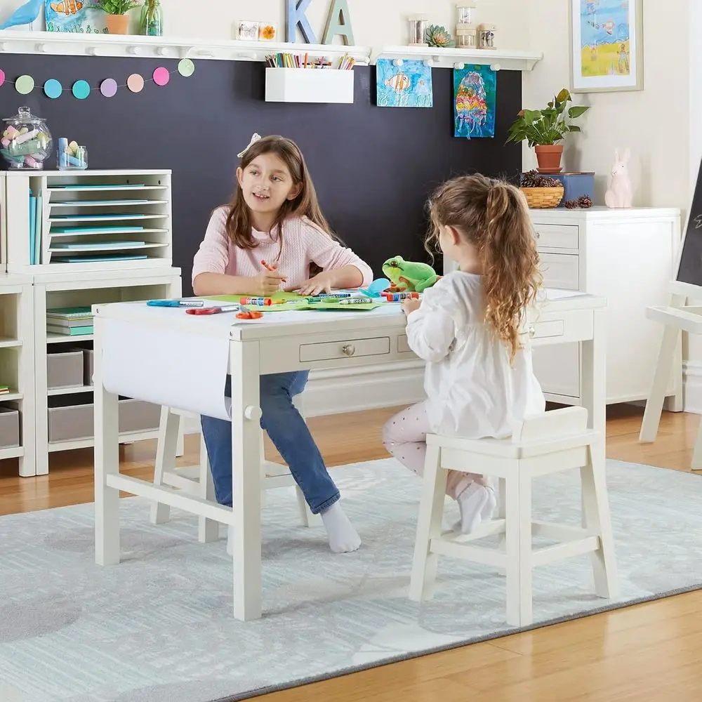 Crating Kids' Stools Set o 2 - Linen White: Wooden Chairs or Kids Activity Table with 15-Inch Seat Height, 2 Matching Anti-Tip C