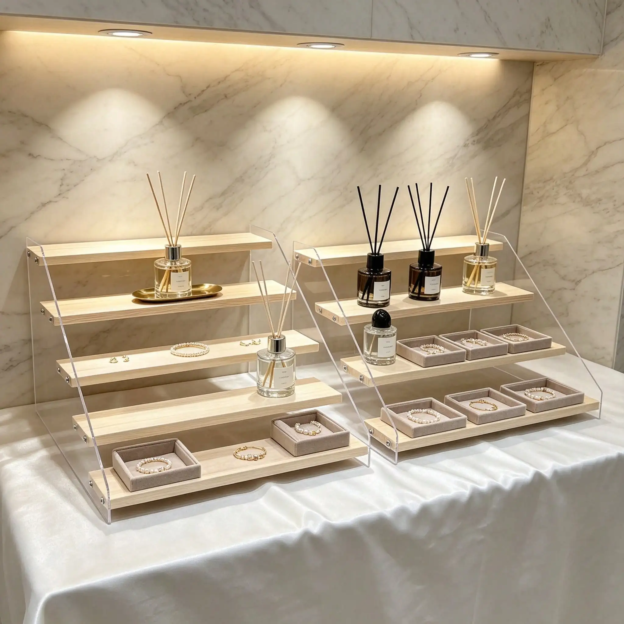 Acrylic And Wood Tiered Display Riser Stand Stepped Shelf Organizer, Clear Countertop Perfume Rack And Action Figure Display Stand, Multi Level Cabinet Spice Rack And Makeup Storage