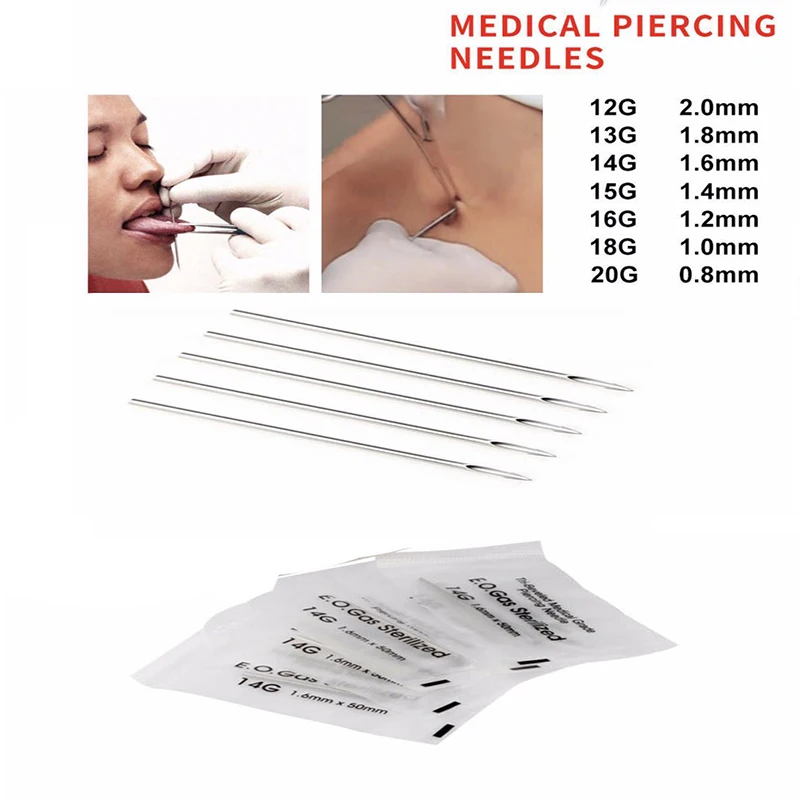 10PC 316L Surgical Steel Tool Disposable Sterile Body Piercing Needles Medical Needle for Navel Stud Nipple Ear Nose Tongue Lip