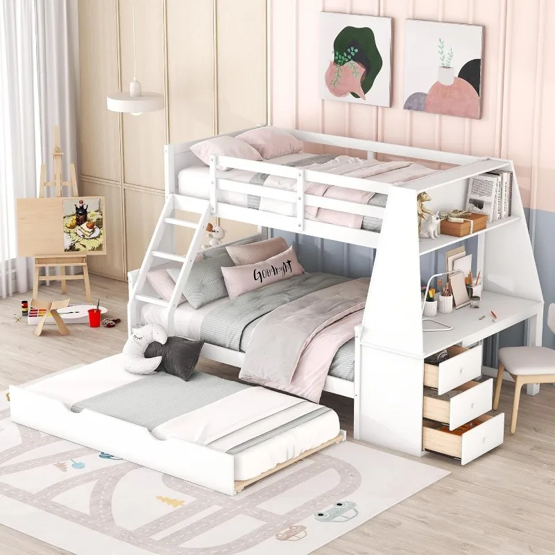 Twin Over Full Bunk Beds with Trundle and Desk Wood Bunk Bed Frame with Three Storage Drawers and One Shelf for Kids Boys Girls