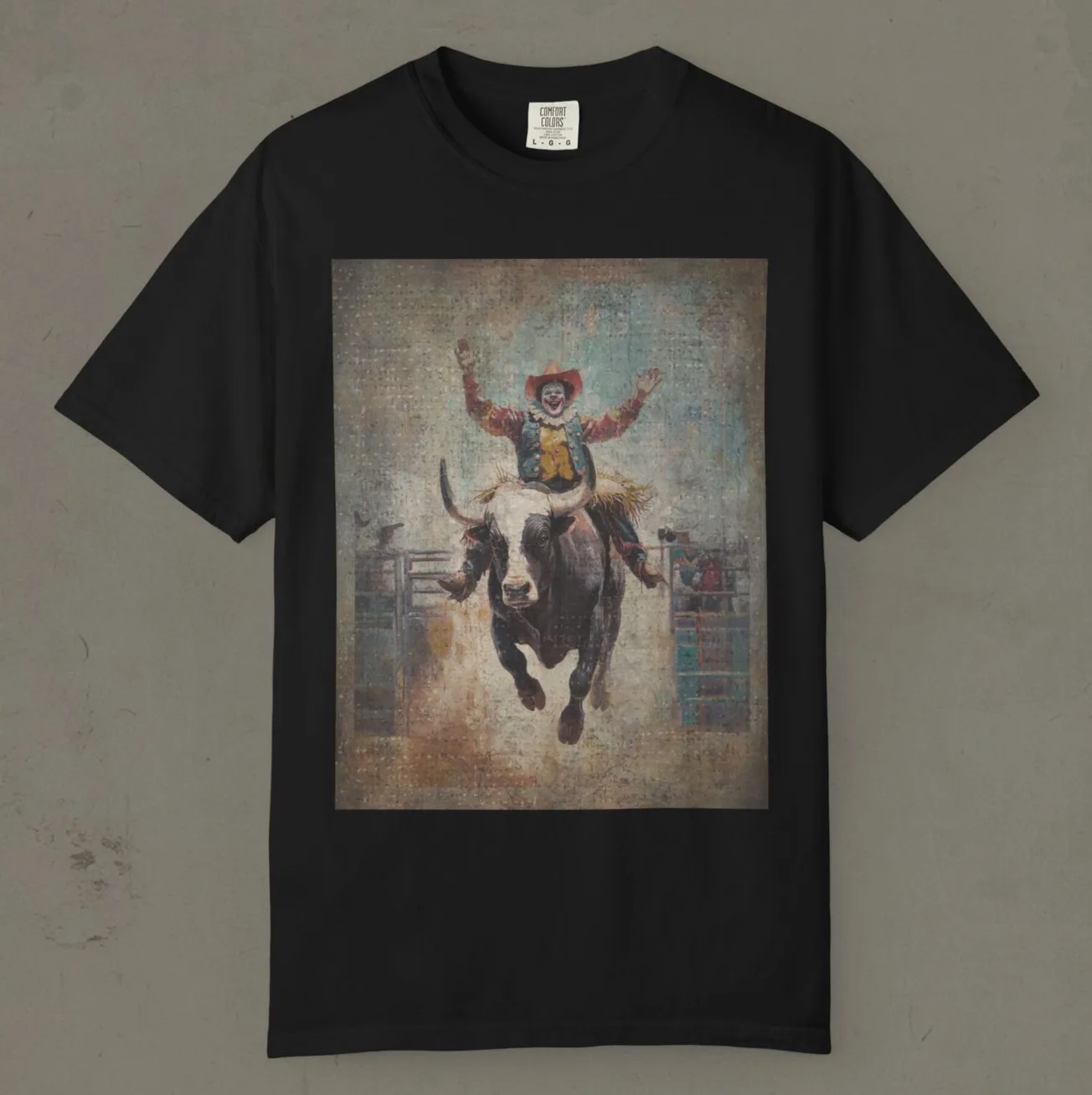 Camiseta 100% algodón con gráfico de payaso de rodeo surrealista, camiseta de arte occidental Retro para entusiastas de la arte vintage y buscadores de cultura occidental