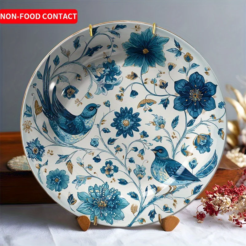 Hand-Painted Ceramic Decorative Plate with Bird and Floral Design, Non-Food Contact, Home Decor Wall or Table Display Art